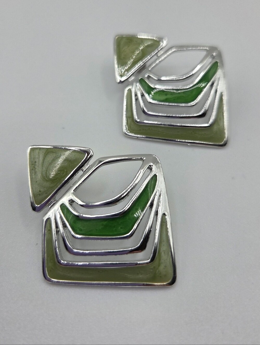 Vintage Geometric Green Enamel Silver Tone Statement Earrings | Modernist Retro